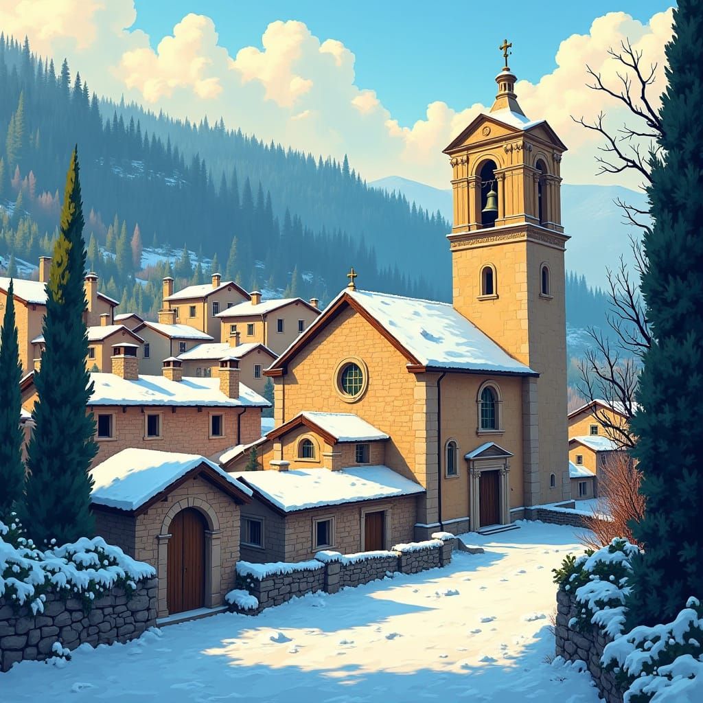 Snowy Italian Village in Cel-Shaded Style