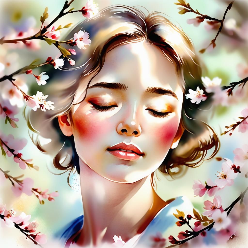 Romantic Watercolor Portrait of Woman with Cherry Blossoms