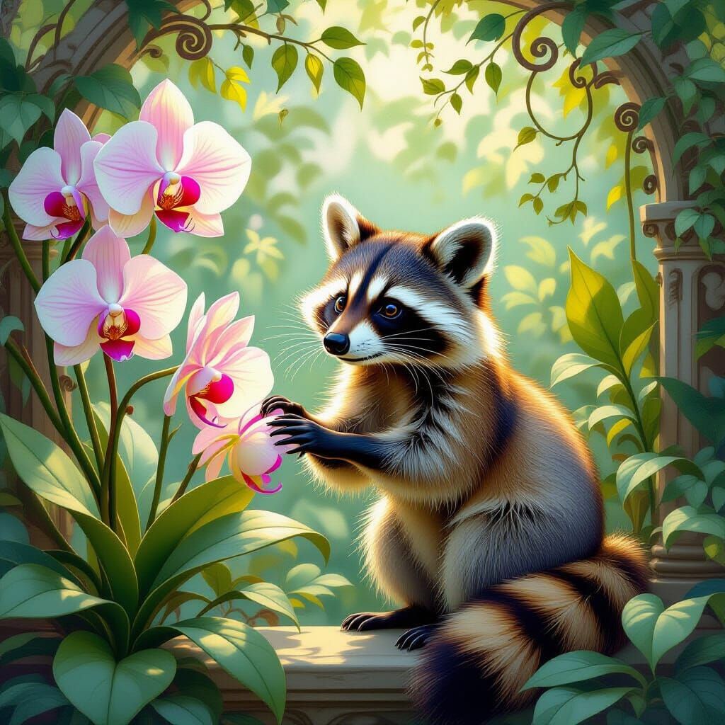 Whimsical Raccoon in Baroque Garden, Jugendstil Digital Art