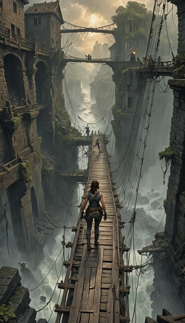 Lara Croft's Perilous Bridge Escape: Horror Illustration