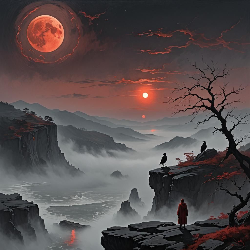 Haunting Cliffside Scene with Red Moon and Crow