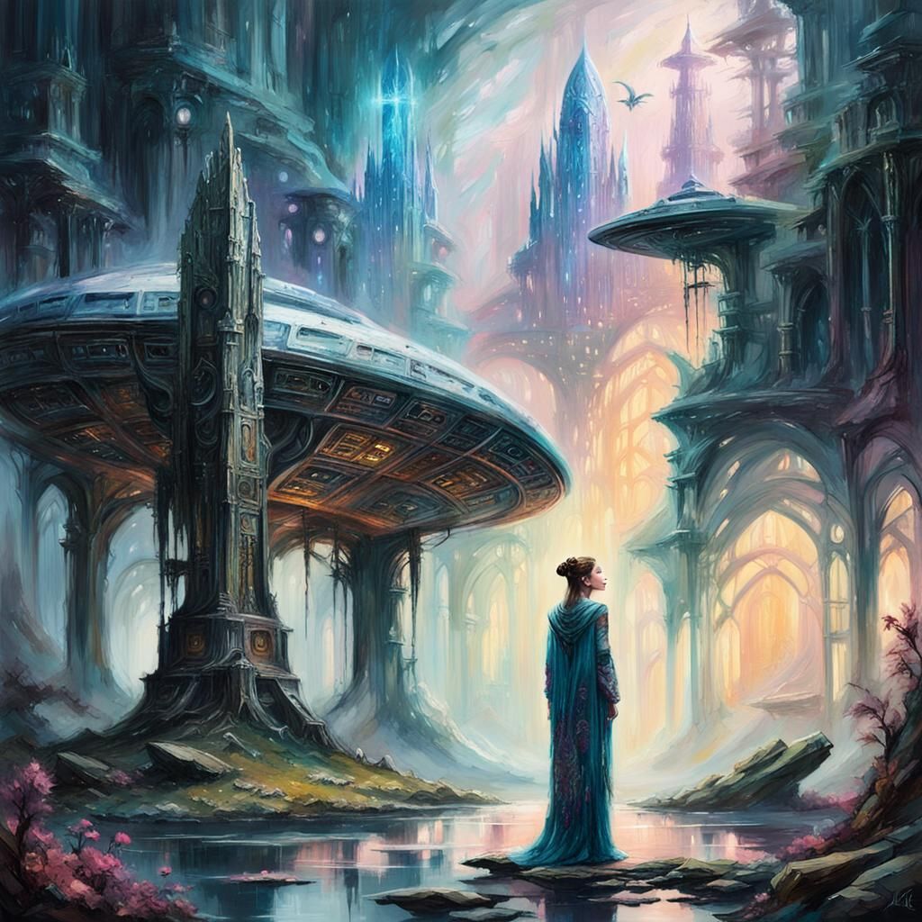 Alien in Forest Ruins: Romanticism-Style Oil Painting