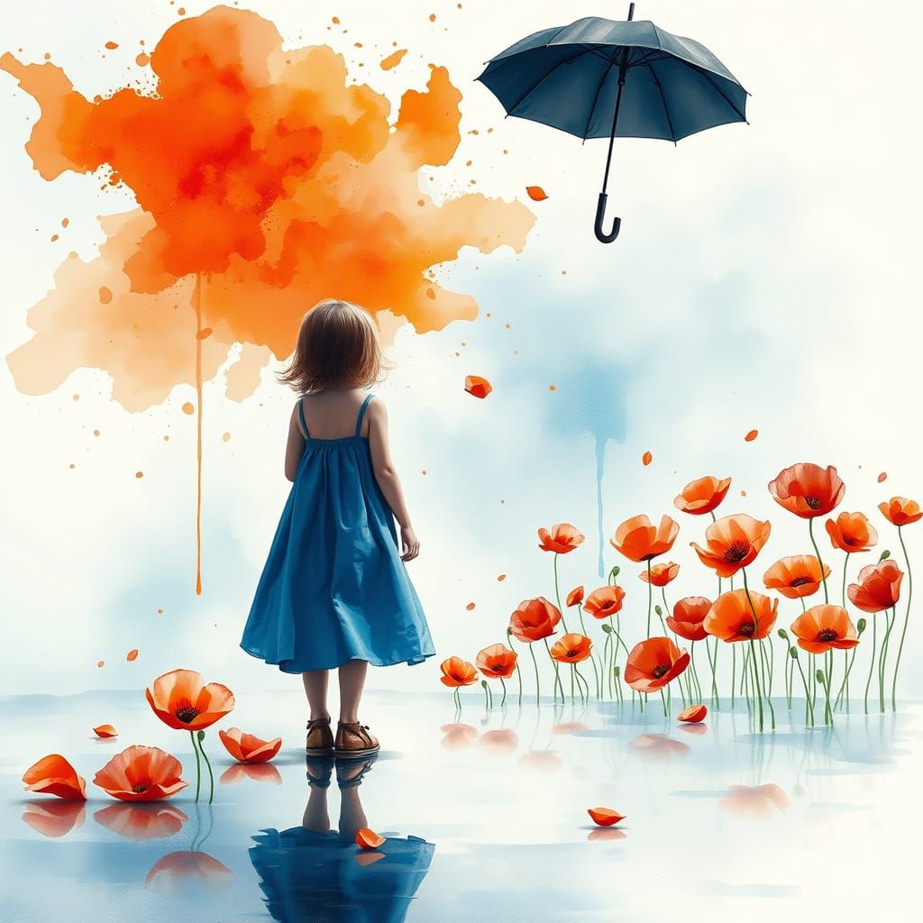 Girl in Blue Dress Gazes at Watercolor Sky