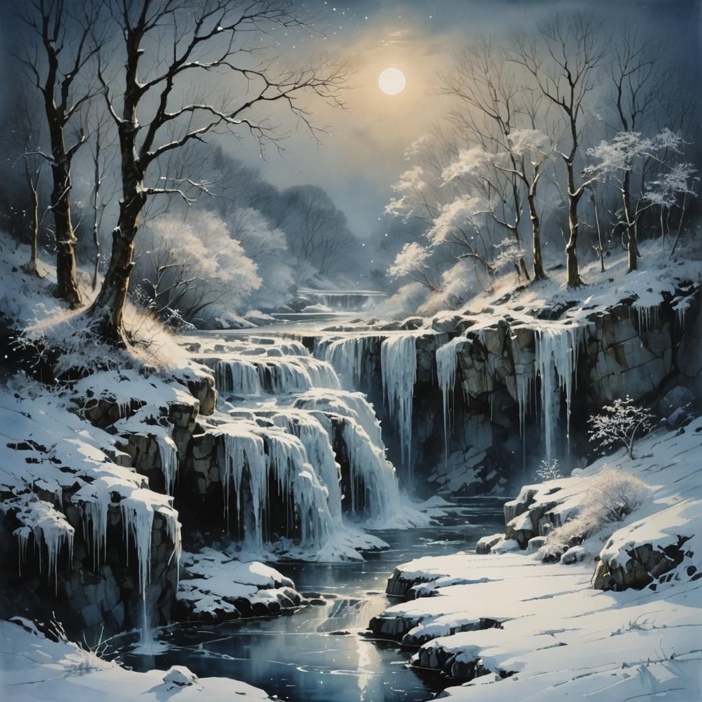 A Frosty Night Scene with an Icy Waterfall in a Starlit Worl...