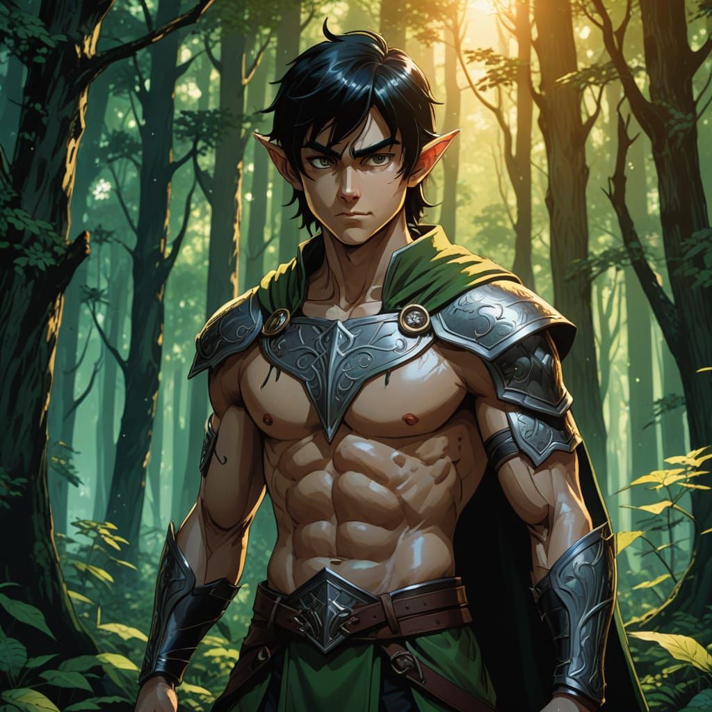 Young Elf Warrior in Ethereal Forest Glow