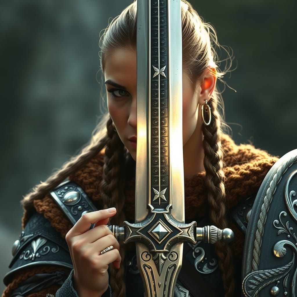Viking Shieldmaiden Reflects Valkyrie in Sword