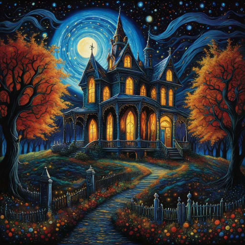 Haunted Gothic House under Starry Night Sky