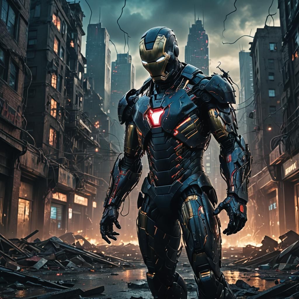 Symbiote Ironman in Ruined Cityscape