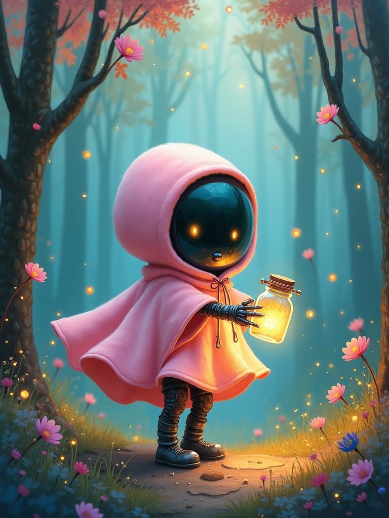 Chibi Robot and Fireflies in Dreamy Oil Painting