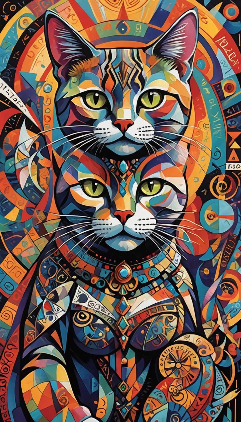 Cubist Cat Girl Tarot Card in Dance Macabre