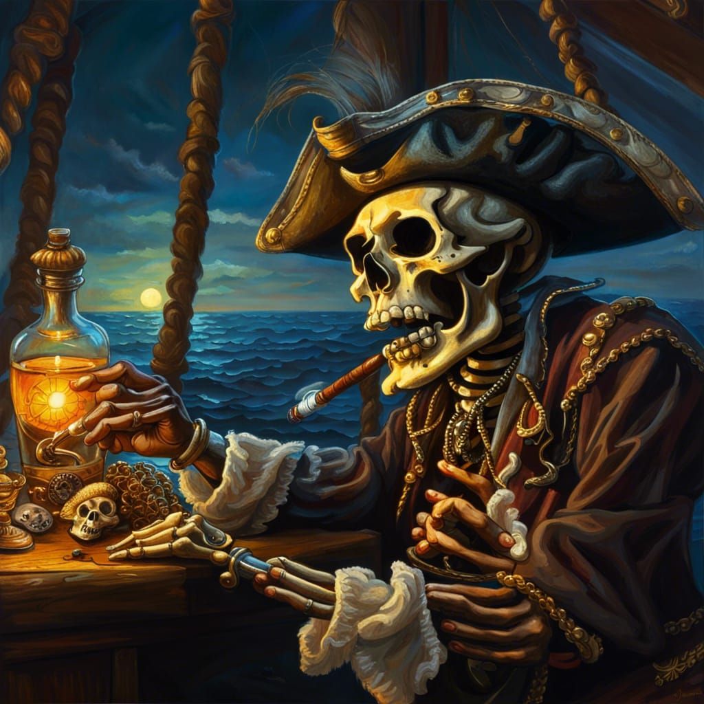 Hyperrealistic Skeleton Pirate with Rum and Treasure