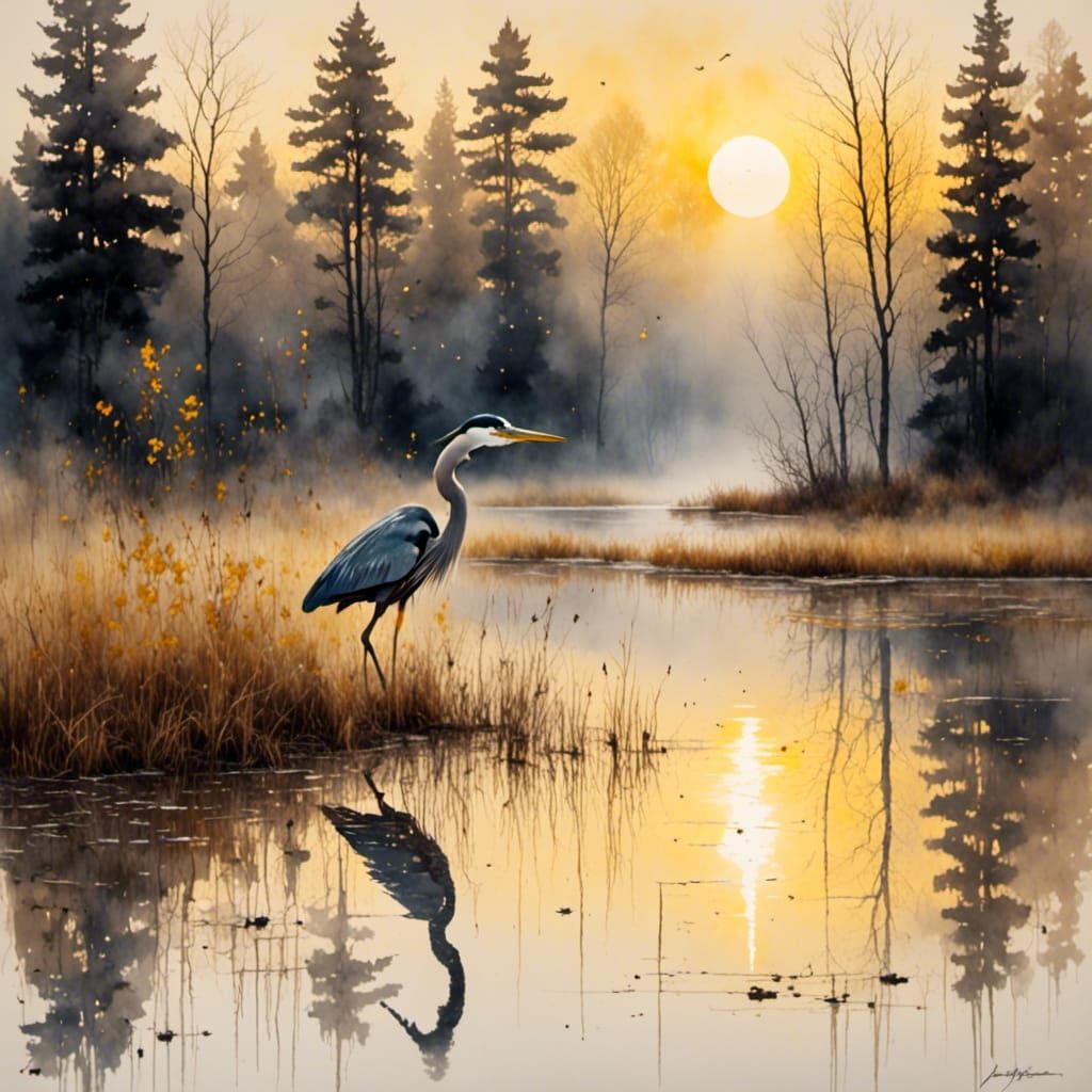 Dawn Heron in Lake: Antique Watercolor Landscape