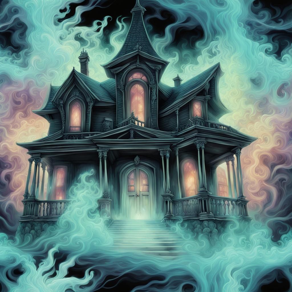Glowing Haunted House with Eerie Portal and Ghosts