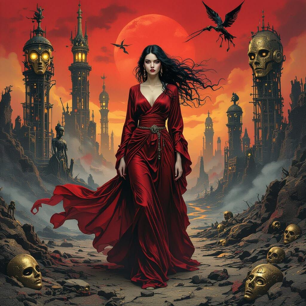 Surreal Dreamscape: Woman in Crimson Silk