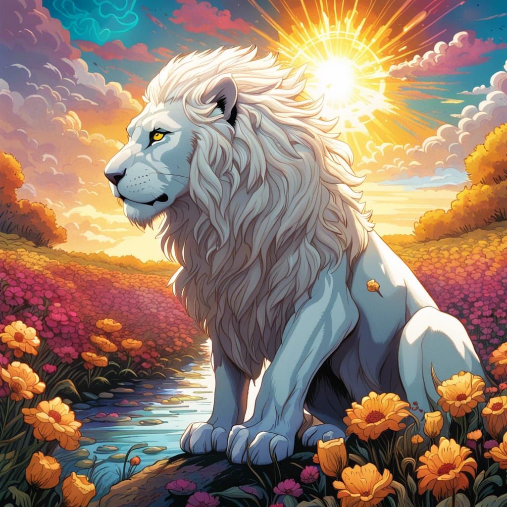 Majestic White Lion in a Gothic Fantasy Landscape