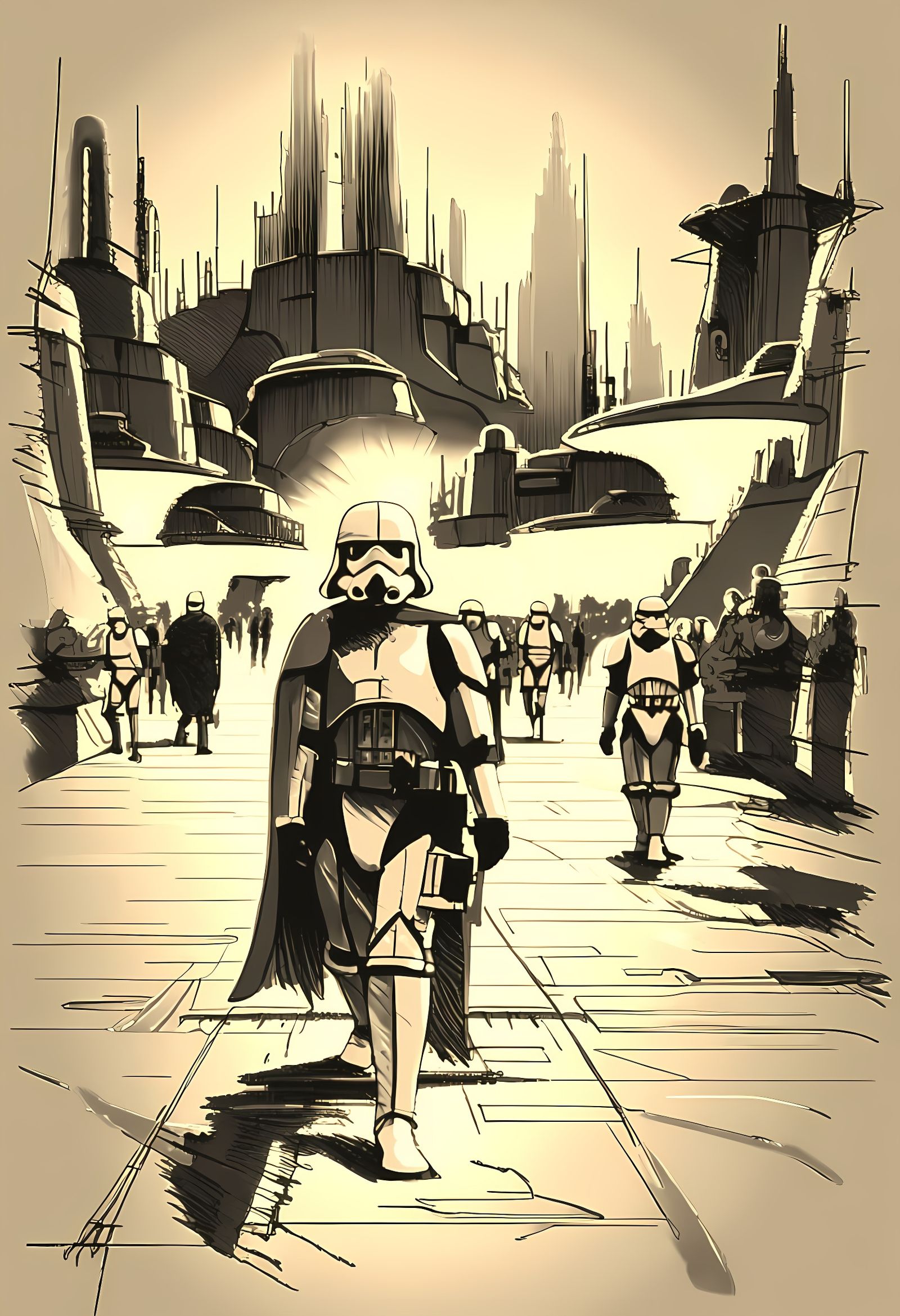 Surreal Futuristic Cityscape with Stormtroopers in Intricate...