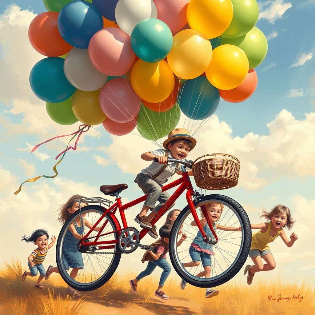 Whimsical Scene of a Bike Lifted by Balloons in a Sunny Impr...
