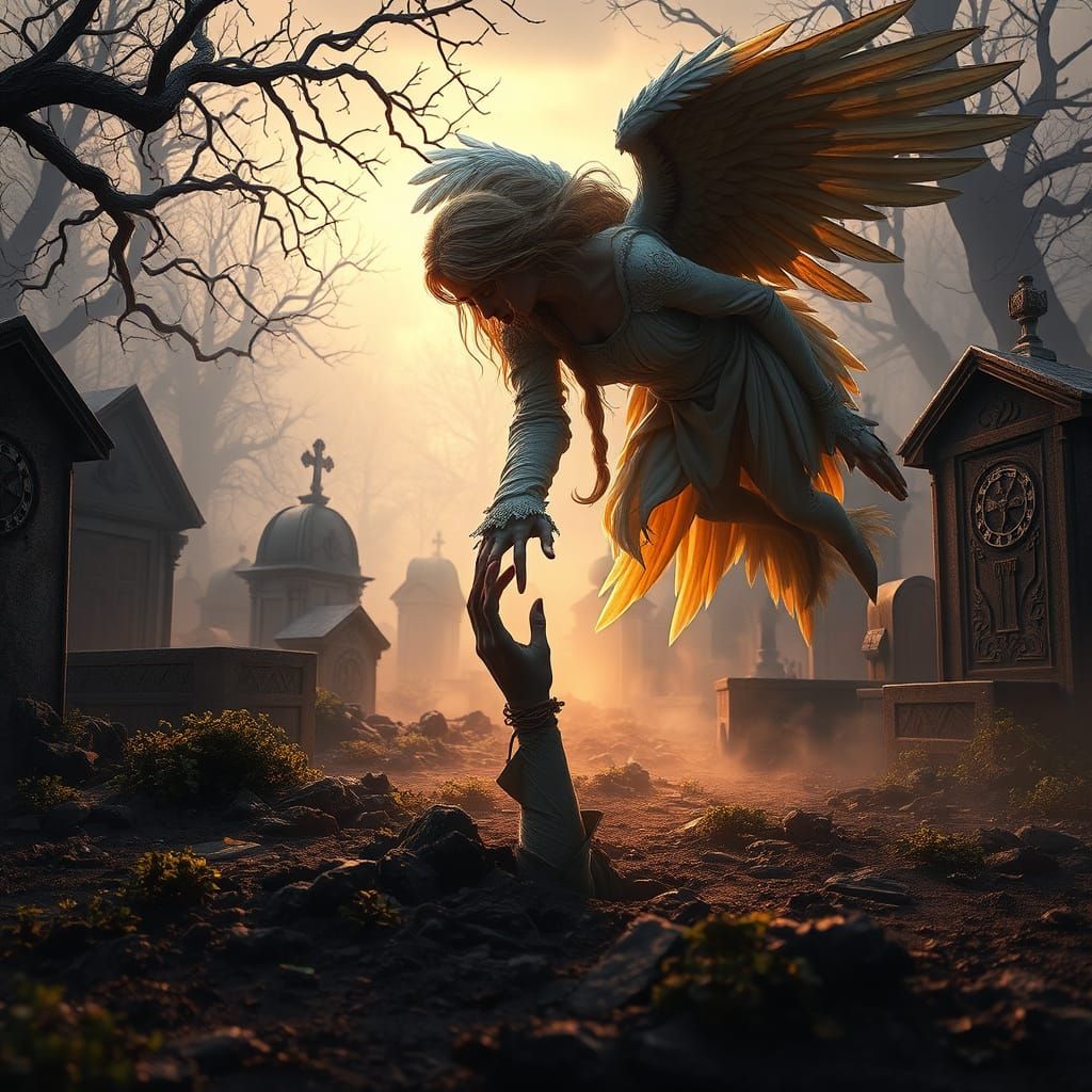 Angel of Dawn in a Haunting Graveyard Scene