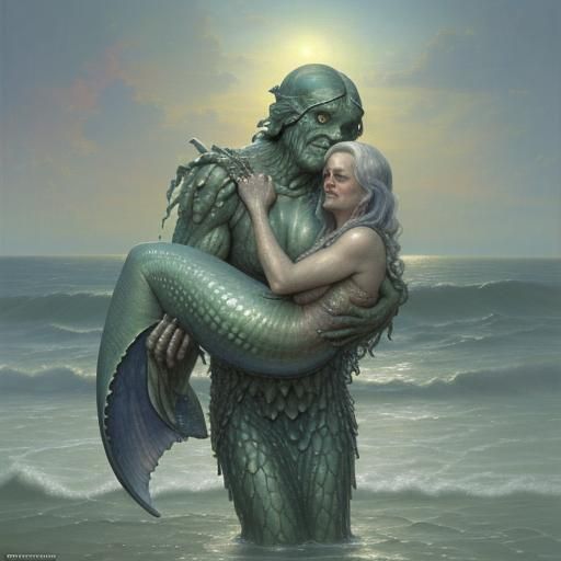 Ancient Mermaid Granny Rescued: Ethereal Fantasy Painting