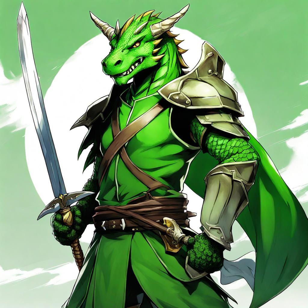 Green Dragonborn Fighter Ready for Battle in Anime Style