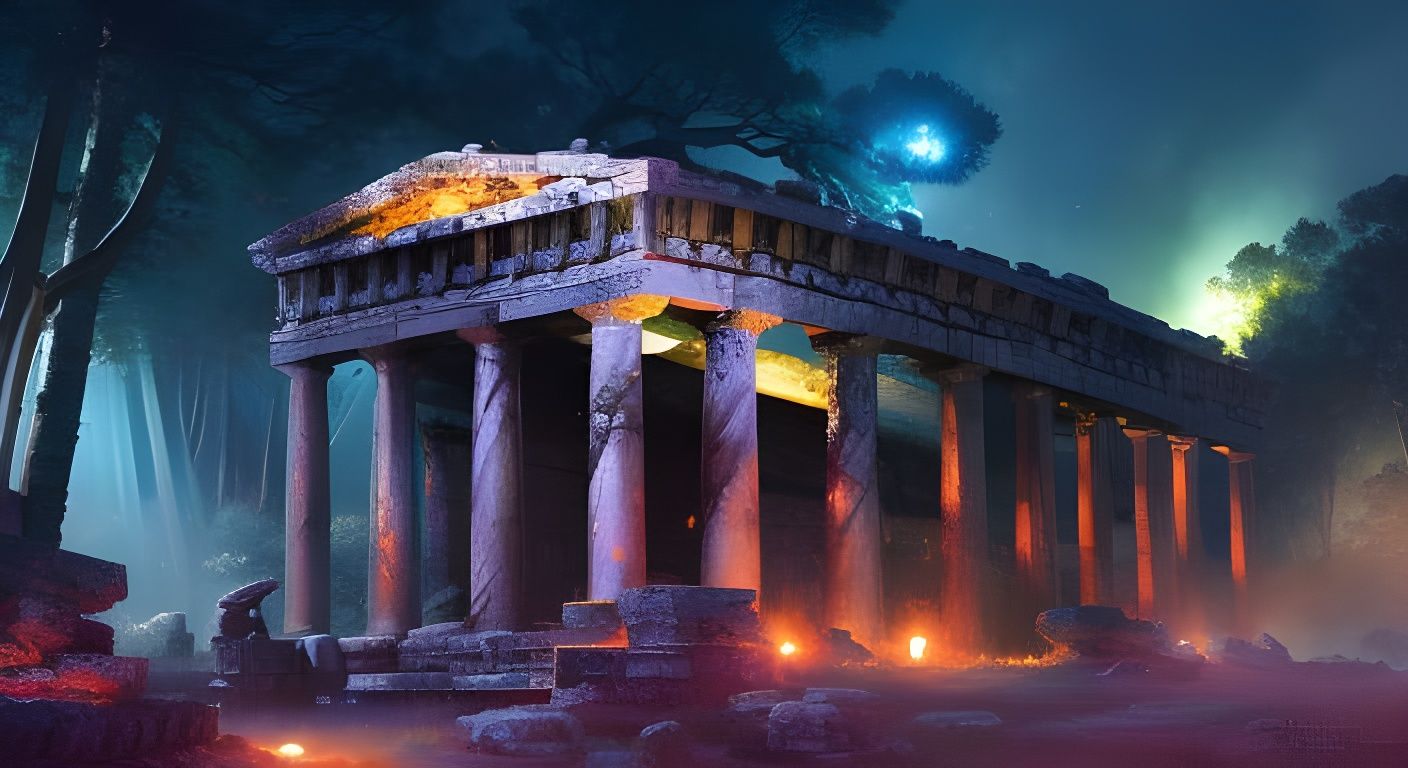 Magical Greek Ruins in Starlit Forest, Digital Art