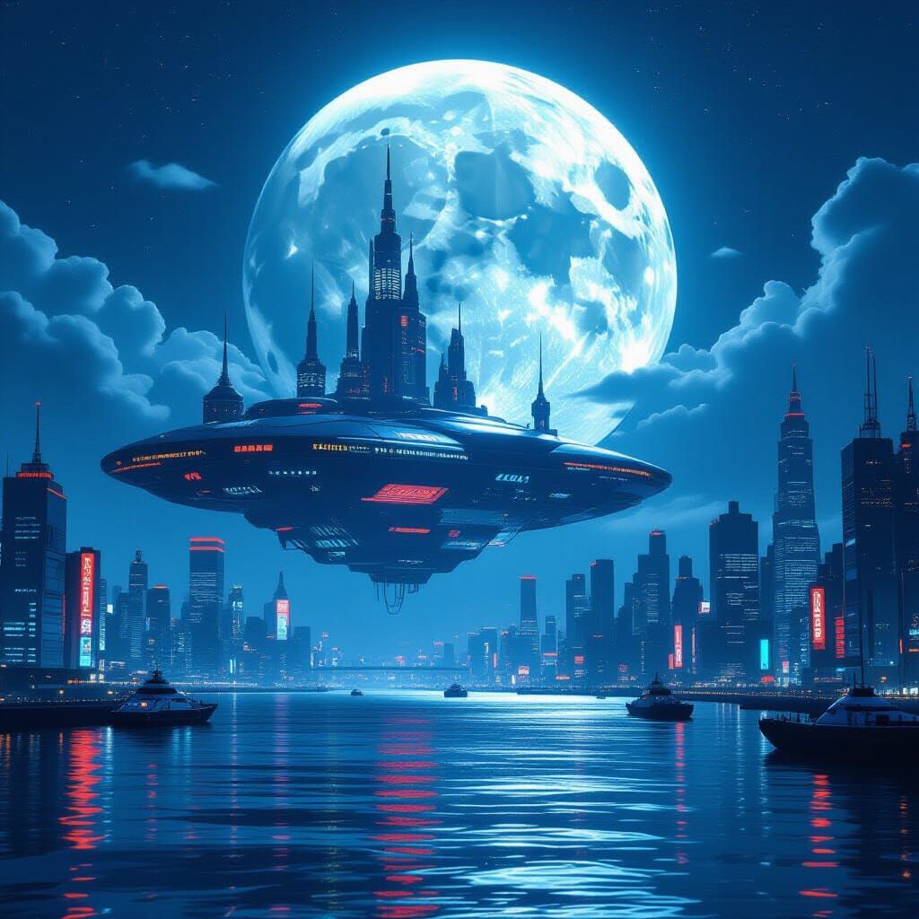 Futuristic Neon City Floating Above Neo Tokyo Harbor