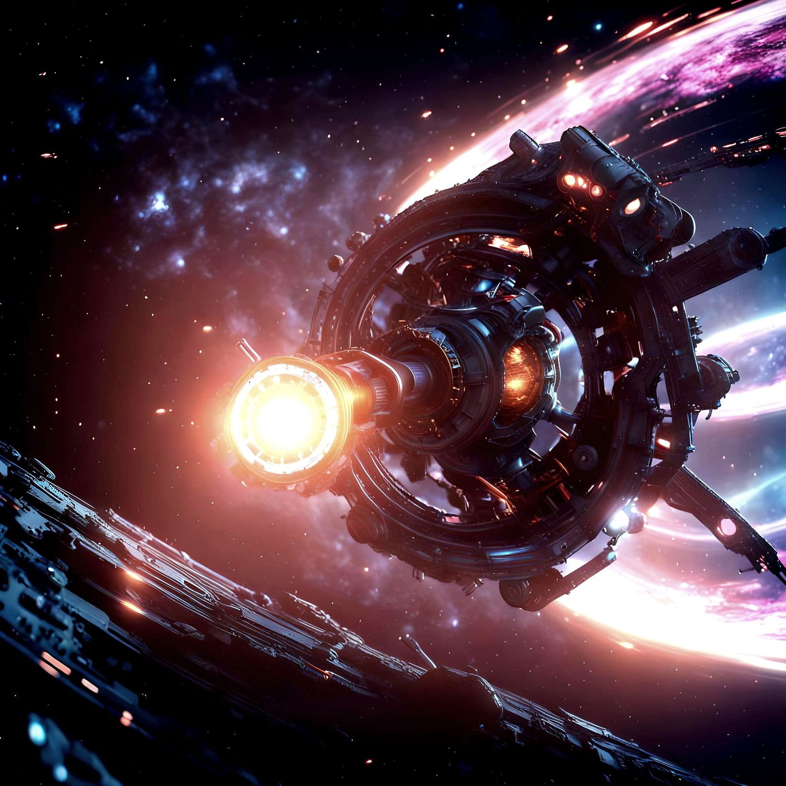 Futuristic Spaceship Entering a Spiraling Galaxy