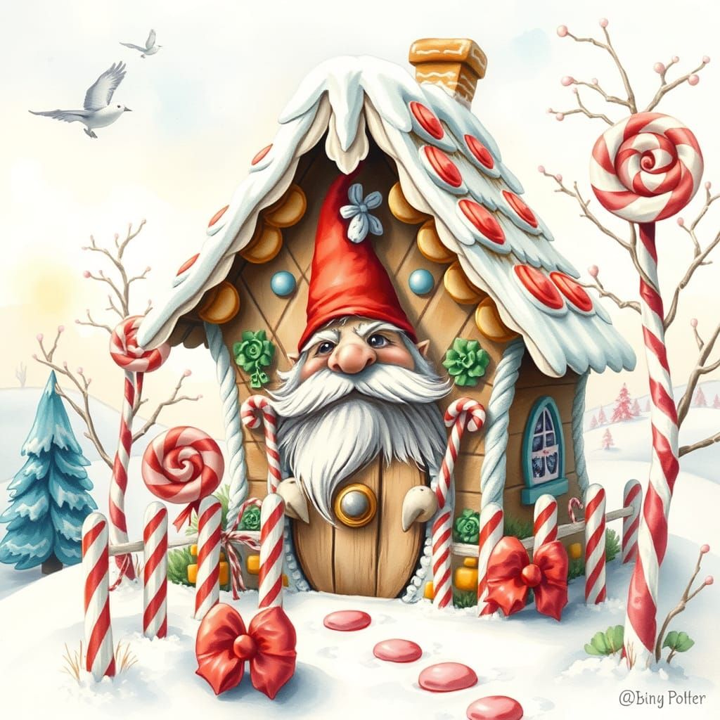 Gnome's Gingerbread House with Candy Cane Fence