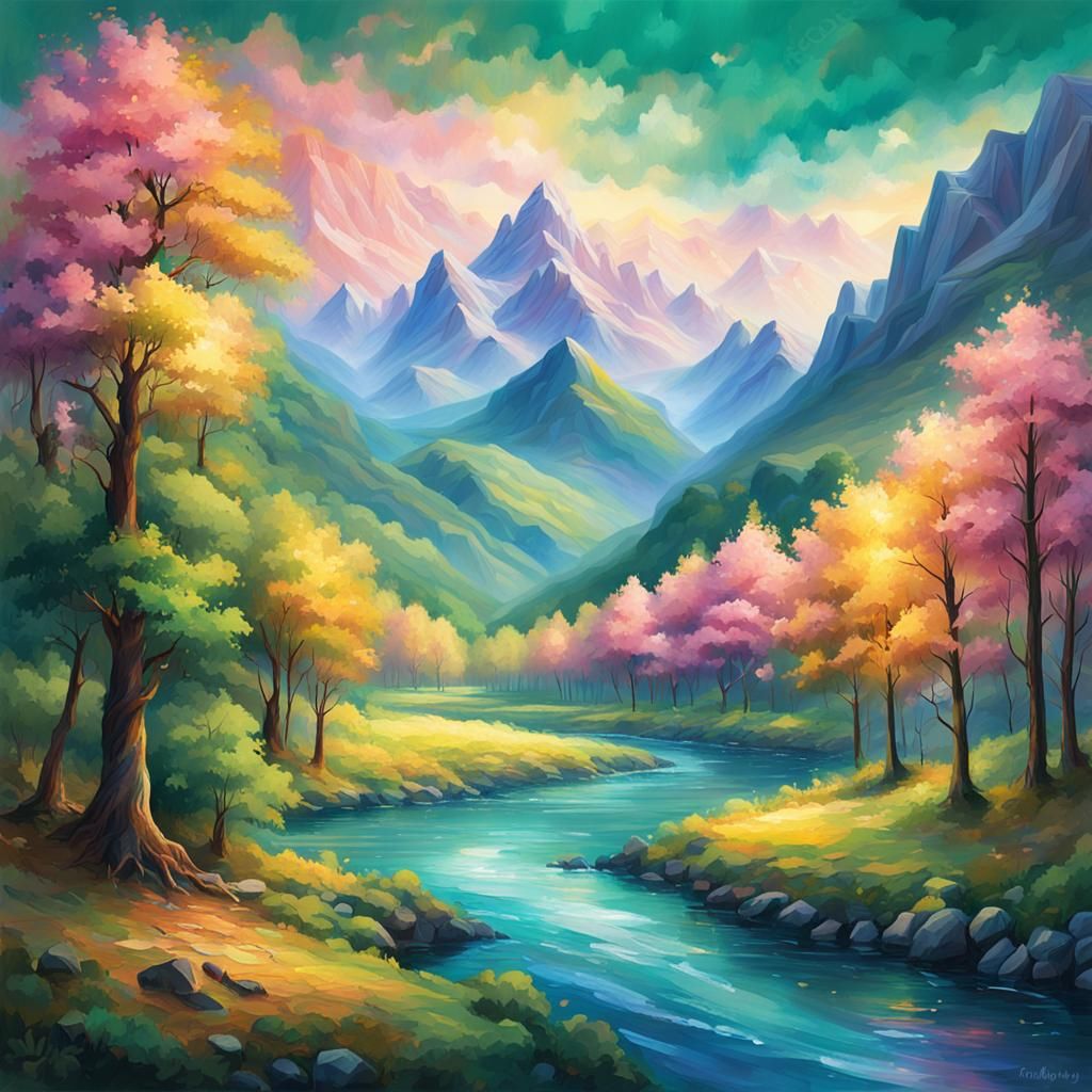 Impressionistic Fantasy Landscape with Winding River