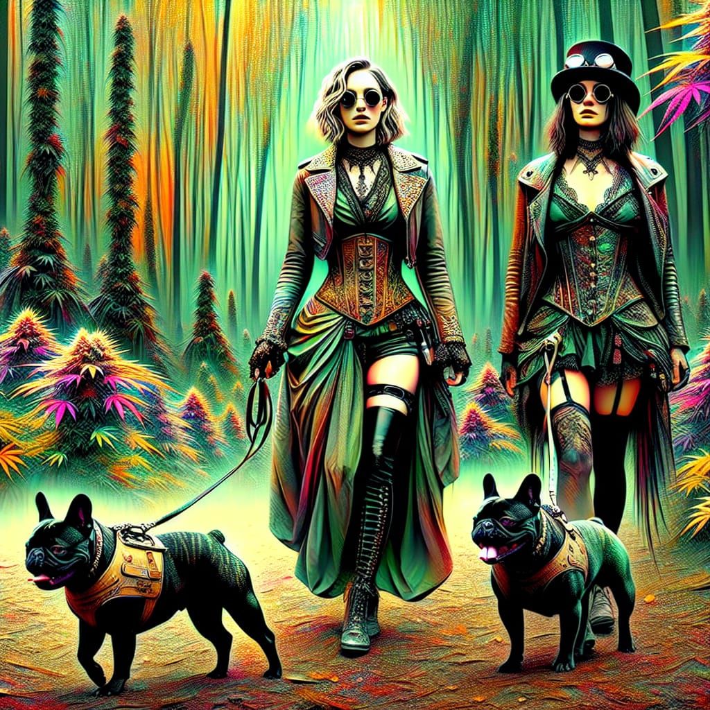 Steampunk Women and Bulldogs in Polychromatic Forest