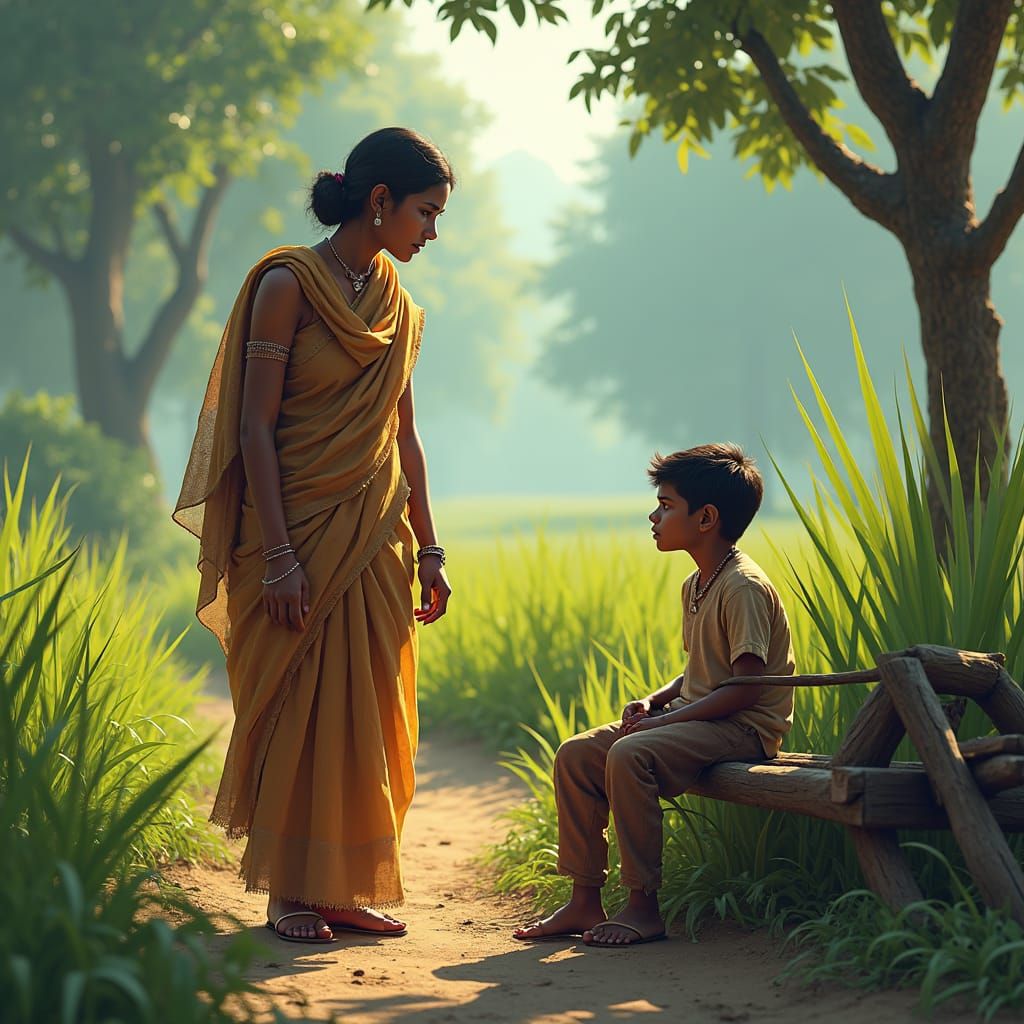 Indian Mother Scolds Lazy Son in Lush Field