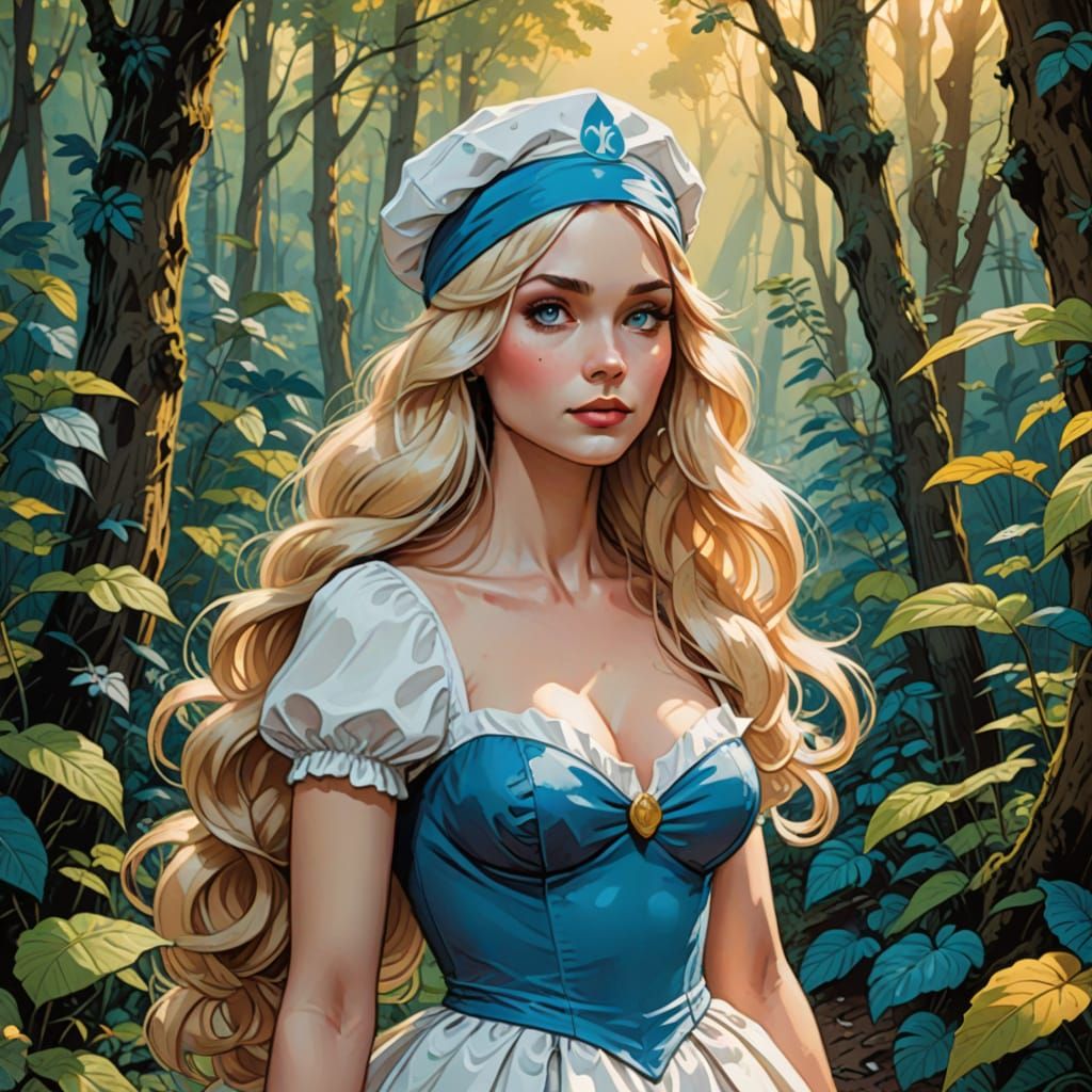 Whimsical Blond Woman in Lush Forest, Inspired by French Com...
