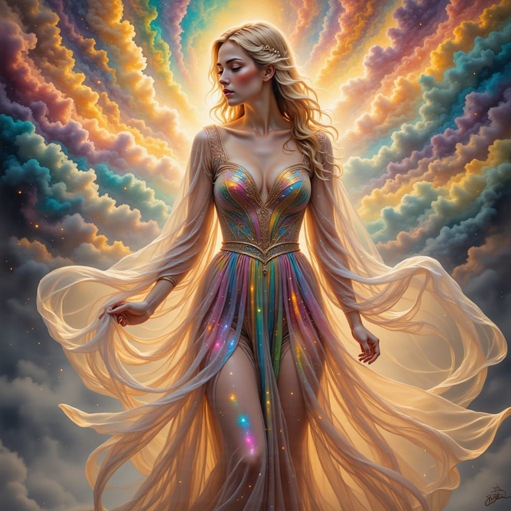 Woman in Iridescent Silk Robes, Art Nouveau Style