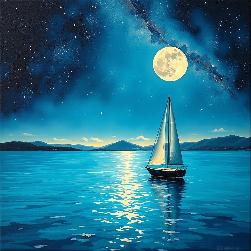Sailboat on Turquoise Waters Under Starry Night Sky