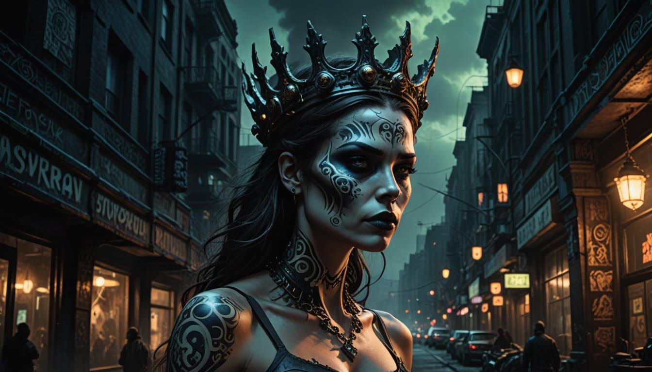 Mysterious Woman in Urban Fantasy Crowned with Dark Beauty