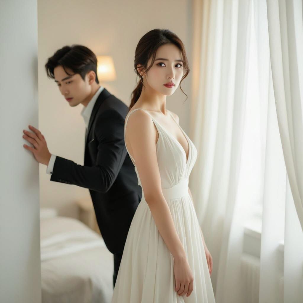 Emotional Korean Drama Scene in Pastel Bedroom