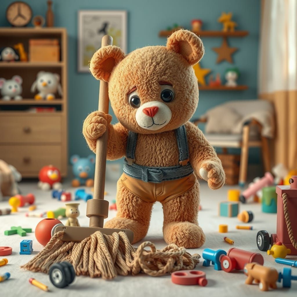 Cute Claymation Teddy Bear Cleans Playroom