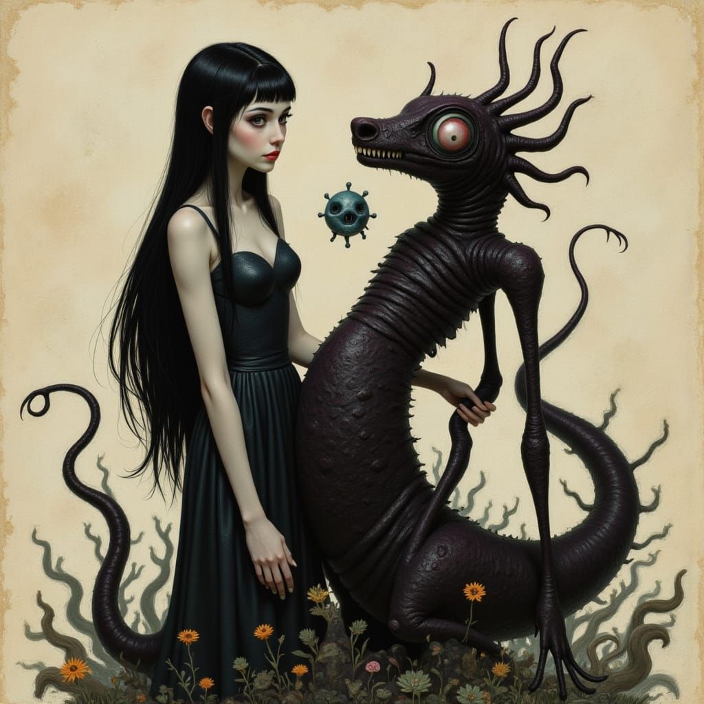 Wednesday Addams With Her Pet Monster in a Dark Urban Settin...