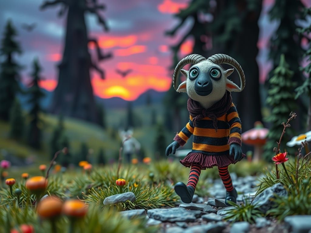 Nervous Lamb in a Surreal Tim Burton Landscape