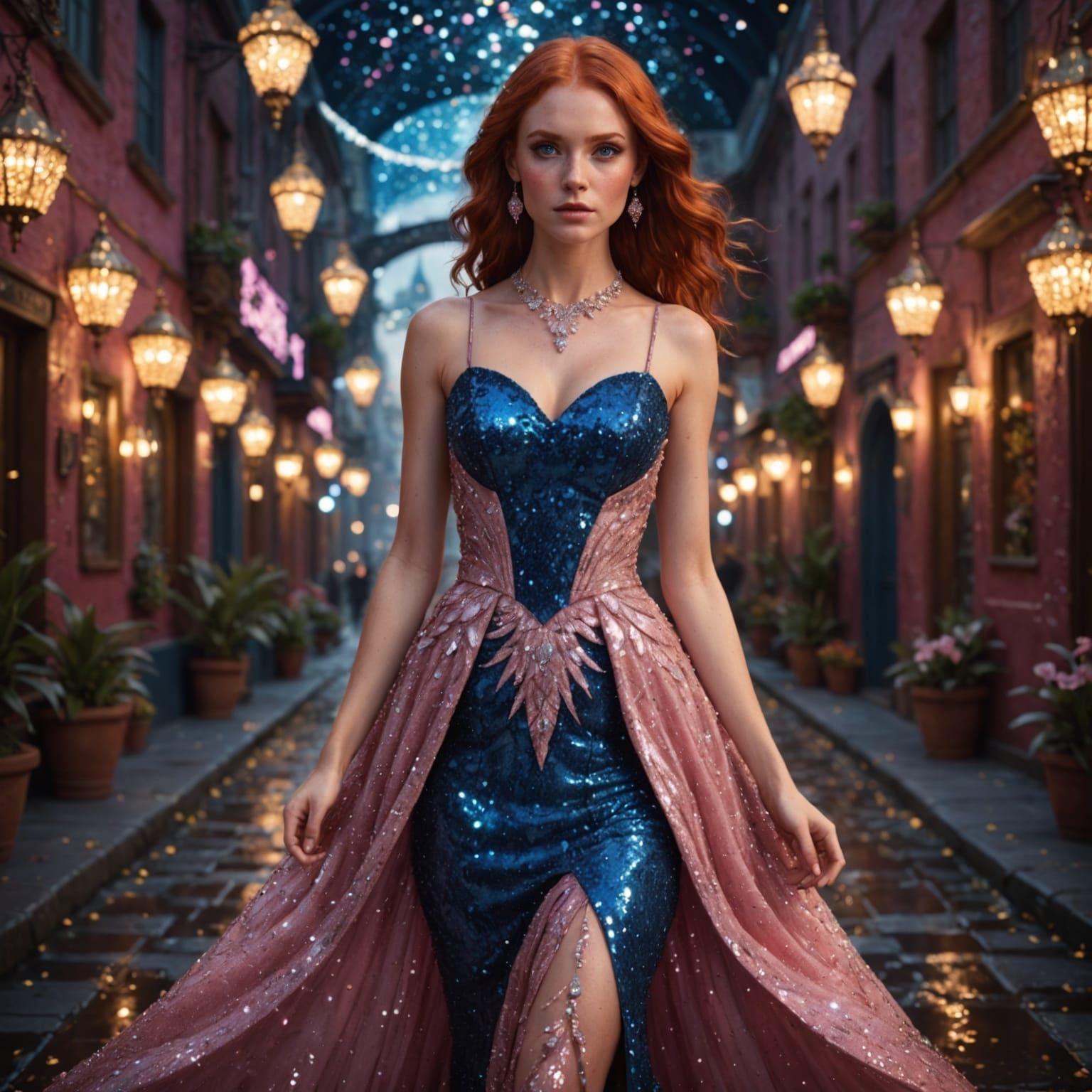 Glamorous Redhead in Sparkly Fantasy Gown