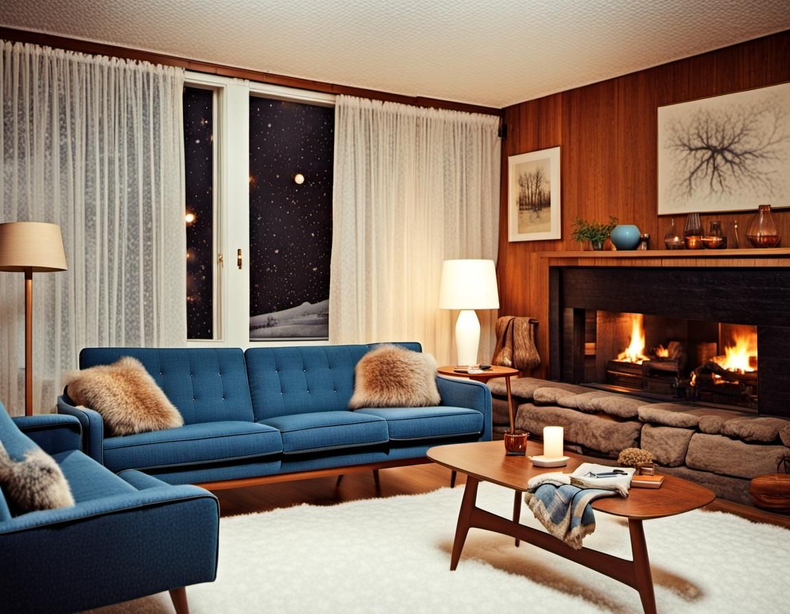 Cozy Mid-Century Living Room at Night