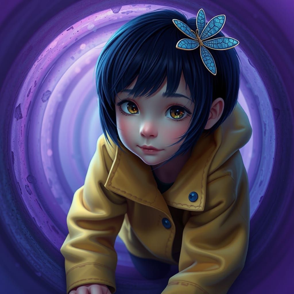 Girl in Yellow Raincoat Crawling in Tunnel