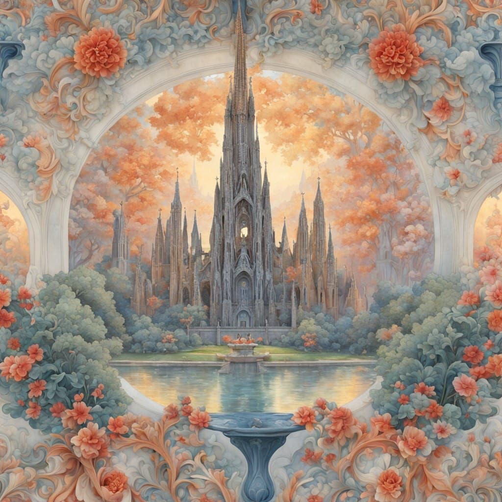 Majestic Marble Fountain in Dreamlike Setting