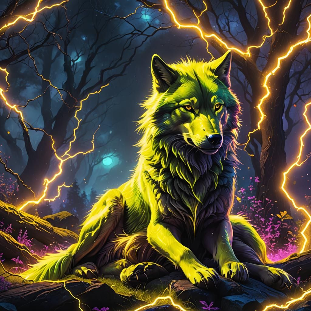 Neon Yellow Wolf Napping with Lightning Magic