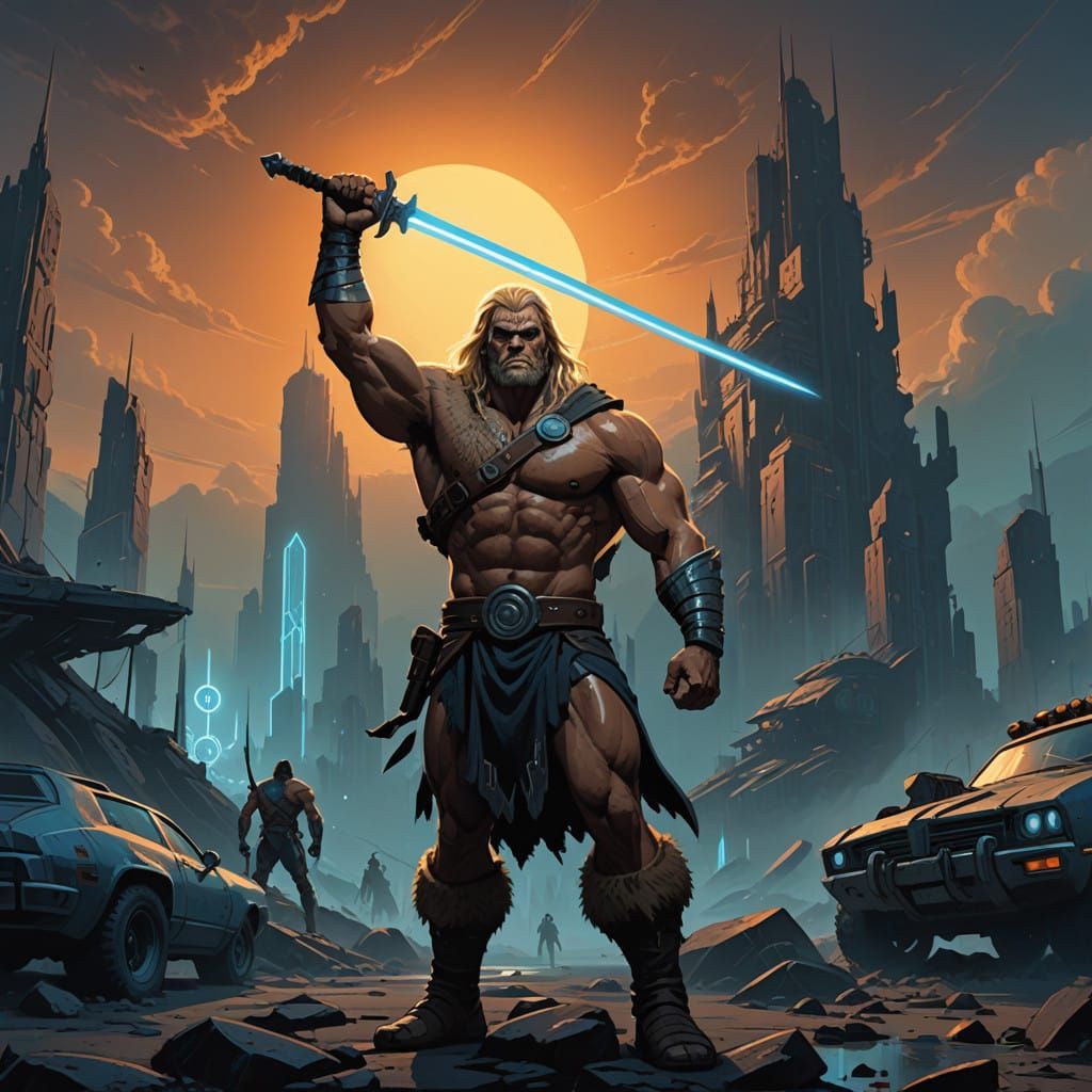 Futuristic concept art. Medium shot. Realistic. Thundarr the Barbarian. blond, muscular, dressed in dark fur vest and lo...