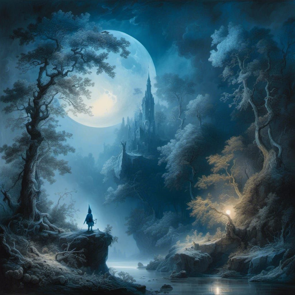 Gnome Gazing at Moon in Blue Watercolor