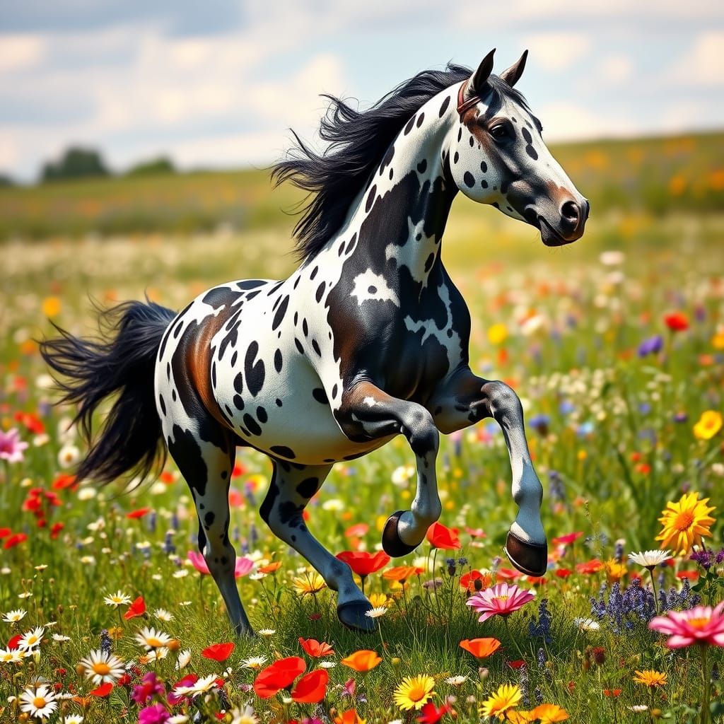Spotted Horse Galloping Through Wildflower Meadow