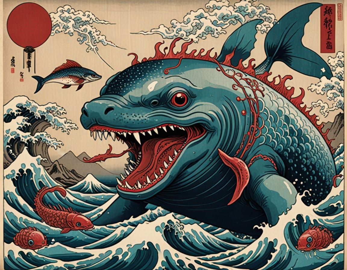 Japanese Mythical Sea Monster in Teal and Red Hues