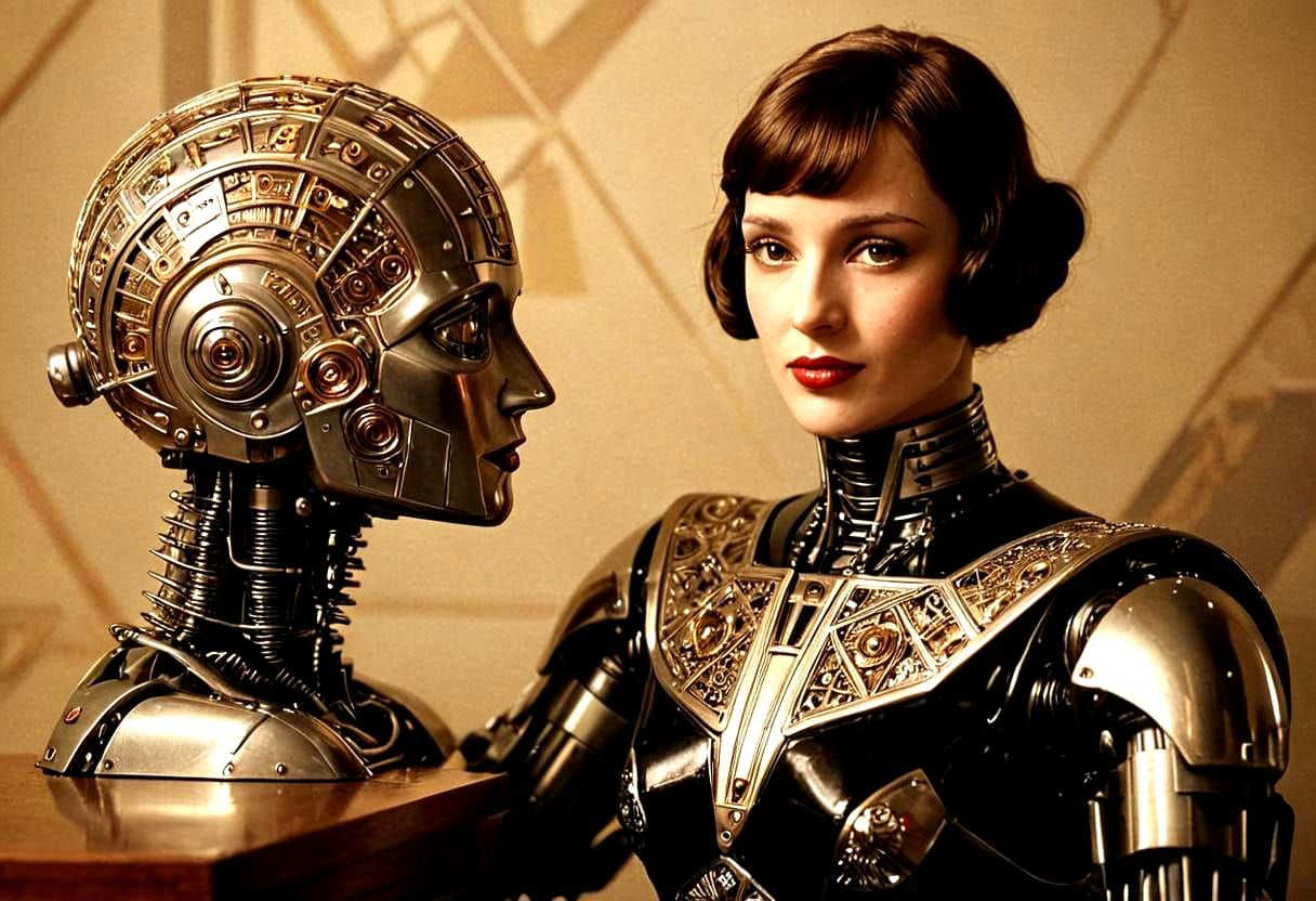 1930s Scientist Chatting with AI in Art Deco