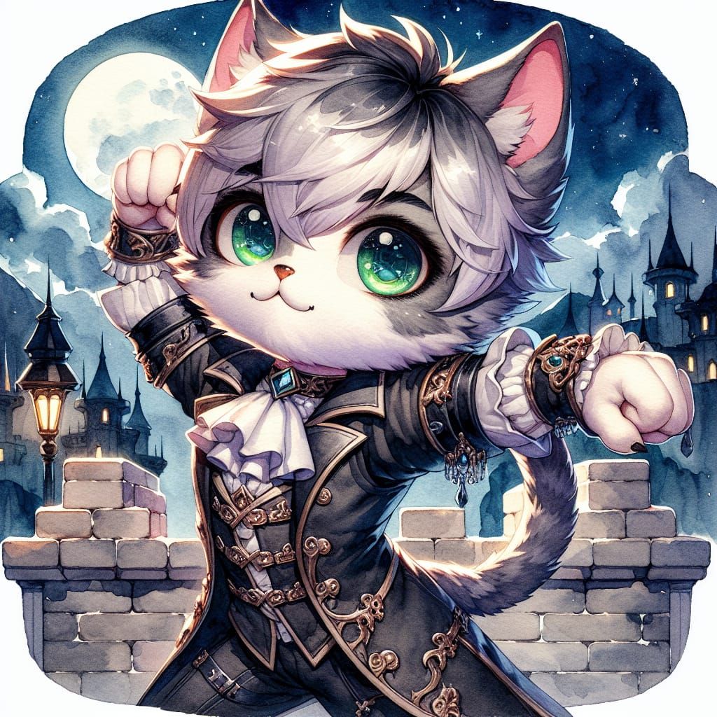 Anime Watercolor Portrait of a Werecat Rogue